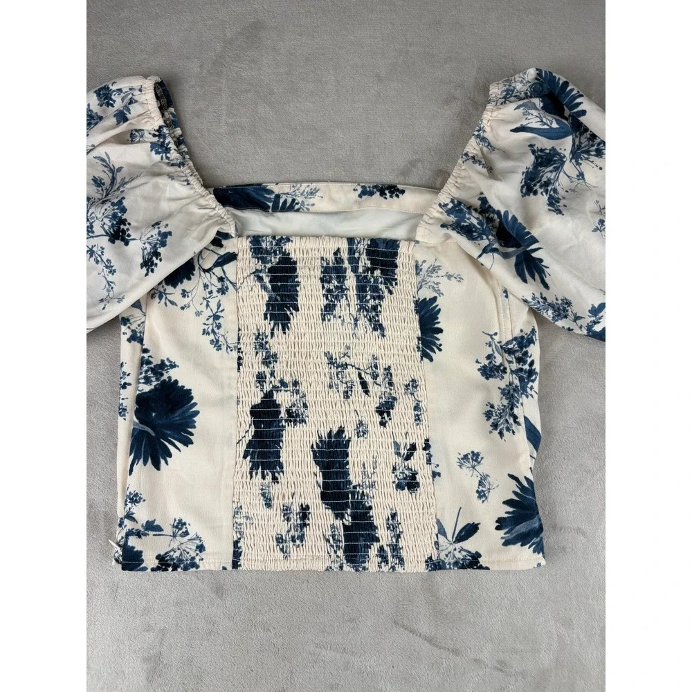 Abercrombie & Fitch Womens M Blue Floral Puff Sleeve Smocked Corset Top Blouse